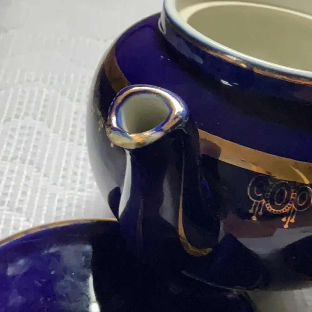 Vintage Hall’s China Cobalt and Gold Teapot and Trivet Boston